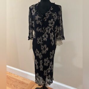 ICE Vintage Silk Floral Maxi Dress Size 12 Sheer Half Sleeve Ruffles Y2K Black